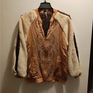 Free People Tan and Cream Bomber Jacket M
